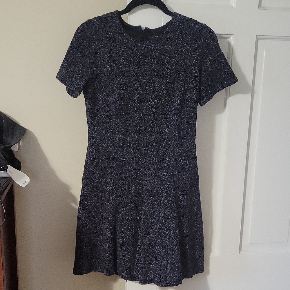 Ann Taylor Speckle Short-Sleeve Mini Dress in Black With Silver Dots In Size 8